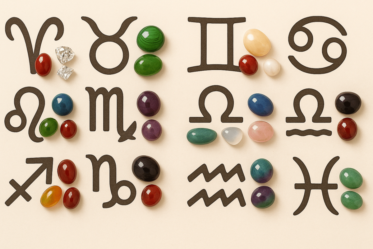 تصویر افقی از سنگ‌های قیمتی همراه با نمادهای زودیاک در پس‌زمینه طبیعی