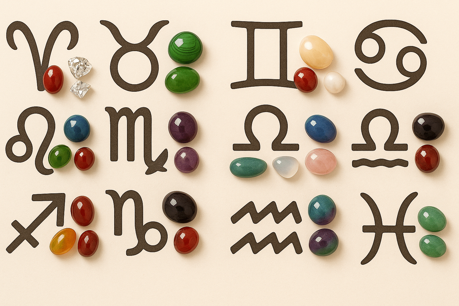 تصویر افقی از سنگ‌های قیمتی همراه با نمادهای زودیاک در پس‌زمینه طبیعی
