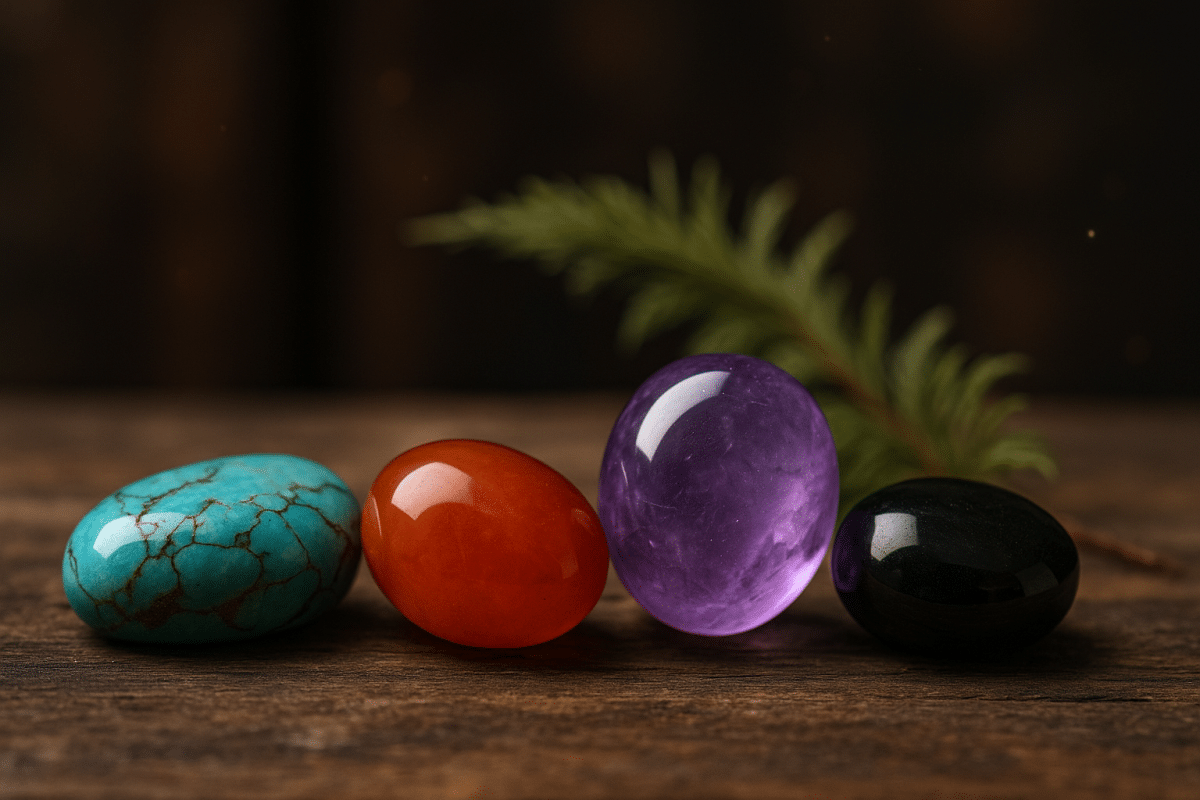 تصویر چهار تا از بهترین سنگ قیمتی ایرانی شامل فیروزه نیشابور، عقیق سرخ، آمیتیست و حدید برای انرژی‌درمانی