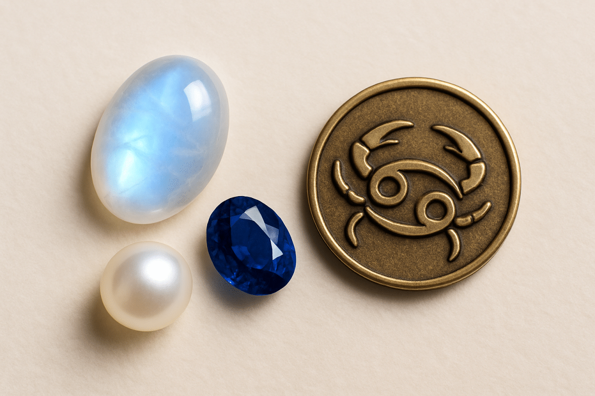 تصویر افقی سنگ ماه تولد تیر شامل مون استون، مروارید و یاقوت کبود روی زمینه چوبی طبیعی