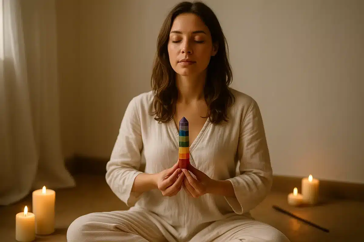 زن در حال مدیتیشن با منشور سنگ هفت چاکرا در فضای آرامشبخش اتاق