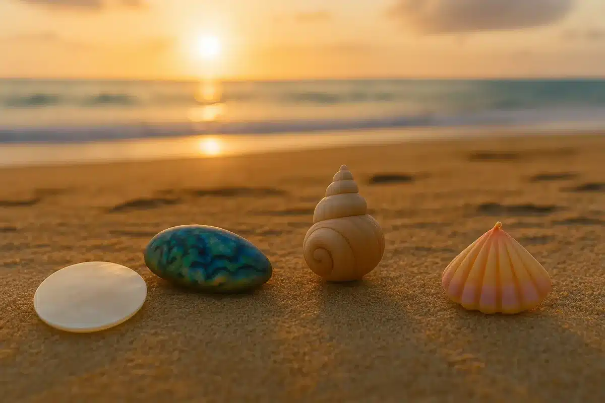 چهار صدف طبیعی در ساحل شنی در هنگام غروب خورشید