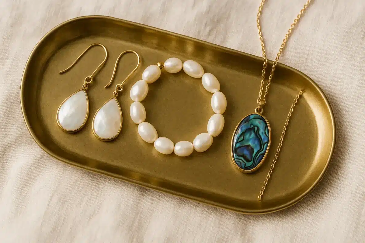چیدمان گوشواره و گردنبند صدفی روی سینی طلایی