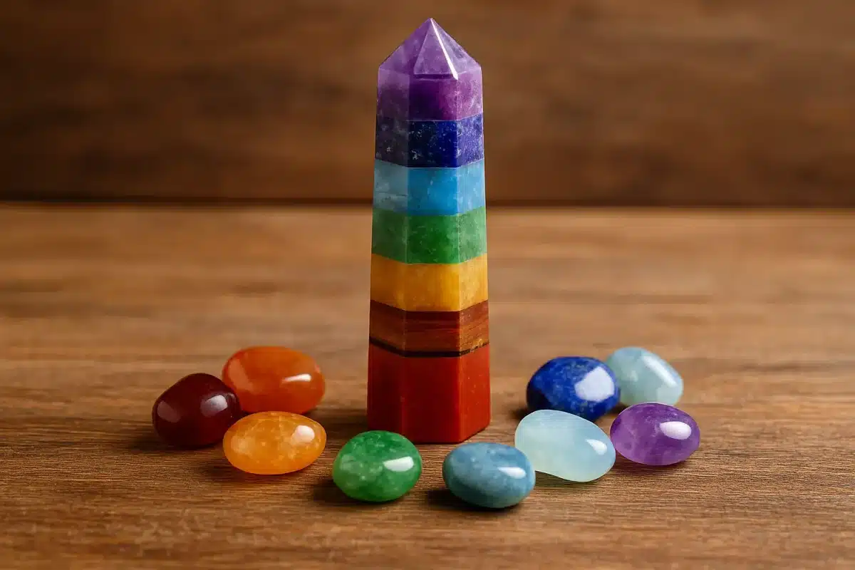 منشور سنگ هفت چاکرا با پایه چوبی در کانون نور ملایم