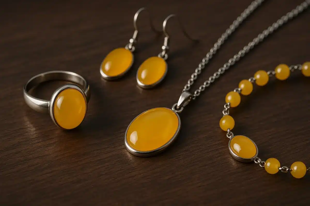 ست کامل زیورآلات نقره‌ای با نگین سنگ شرف‌الشمس