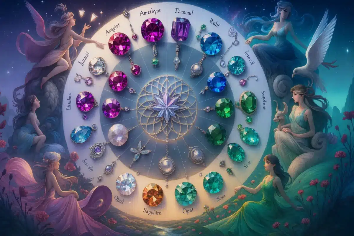 تصویر هنری سنگهای ماه تولد در چرخ فانتزی با طراحی آسمانی