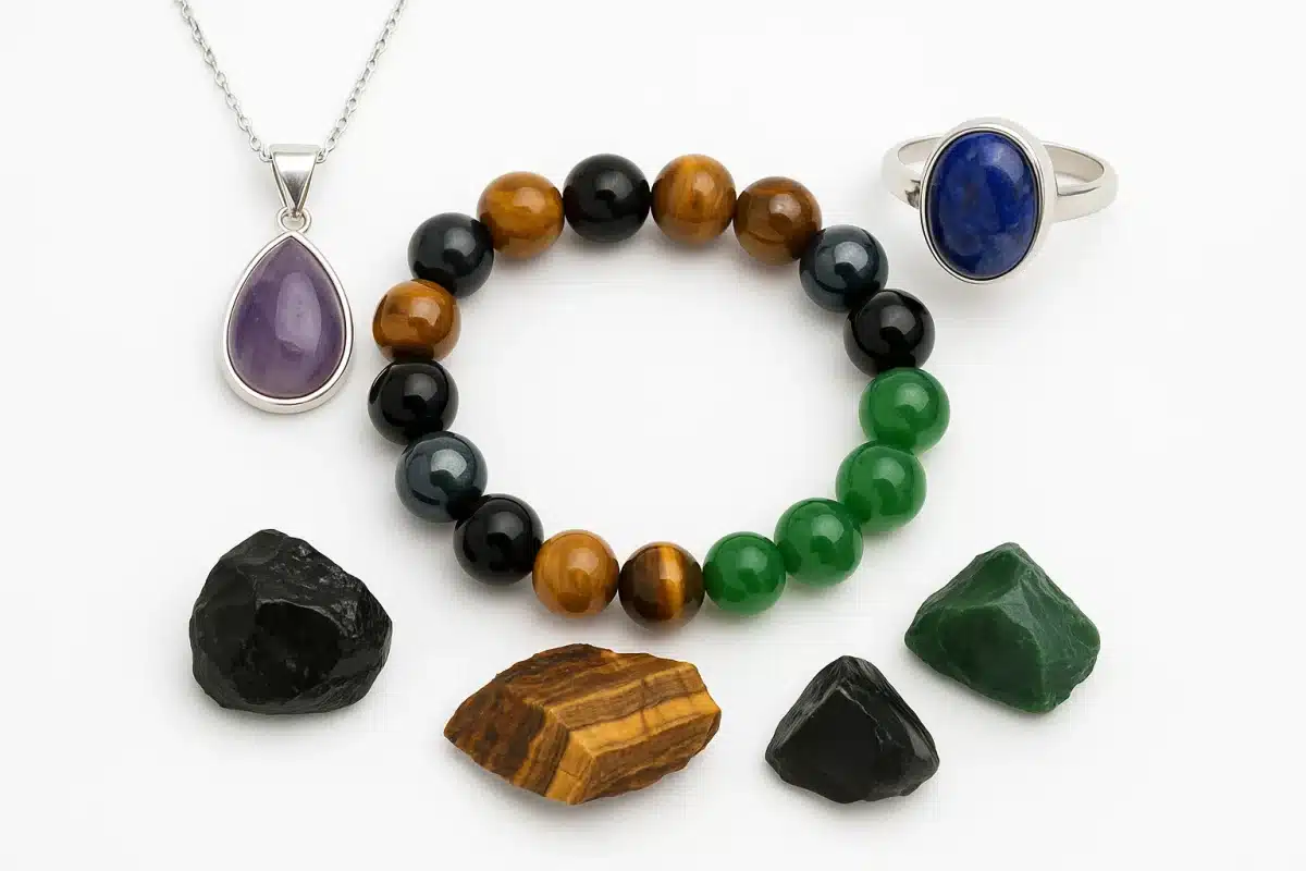 تصویر زیورآلات دست‌ساز با سنگ‌های طبیعی و قیمتی روی زمینه سفید.