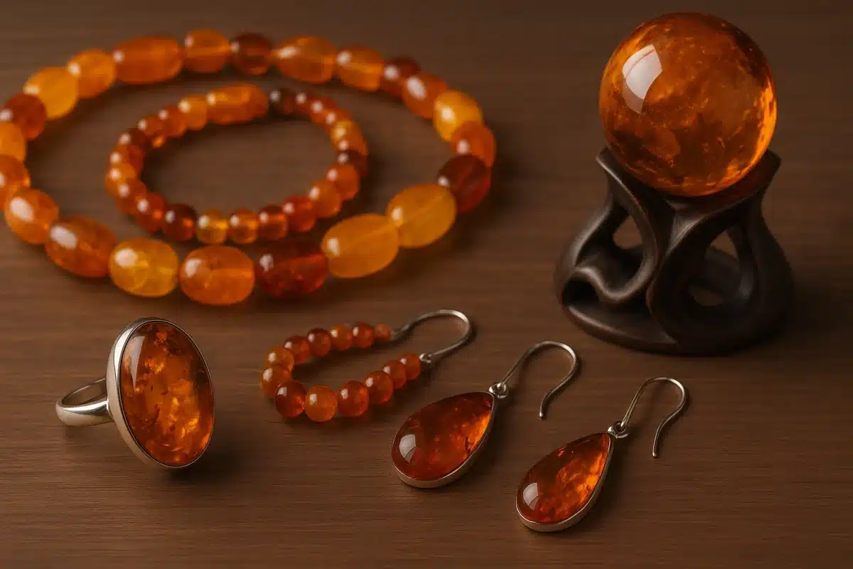 تصویر مدرن از انگشتر و گردنبند کهربا با طراحی لوکس و امروزی.