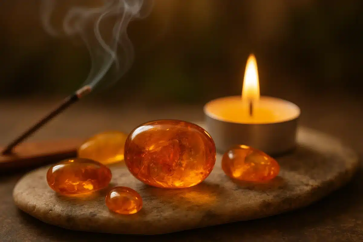 تصویر سنگ کهربا طبیعی در کنار شمع روشن برای آرامش و کاهش استرس.