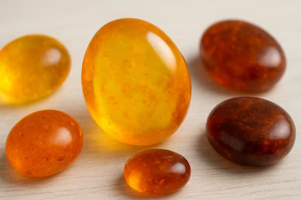 تصویر سنگ کهربا اصل در کنار نمونه‌های مصنوعی برای مقایسه و تشخیص.