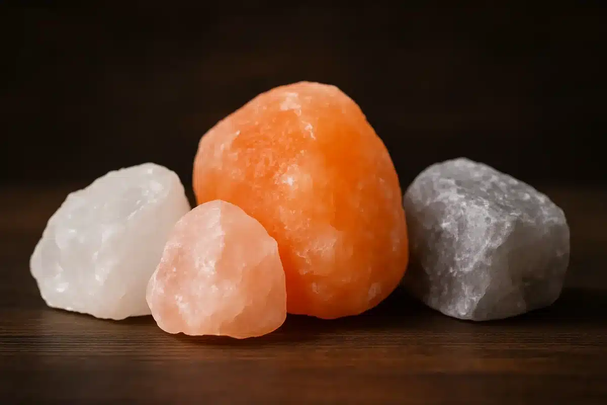 خواص سنگ نمک در رنگ‌های طبیعی سفید، صورتی، نارنجی و خاکستری