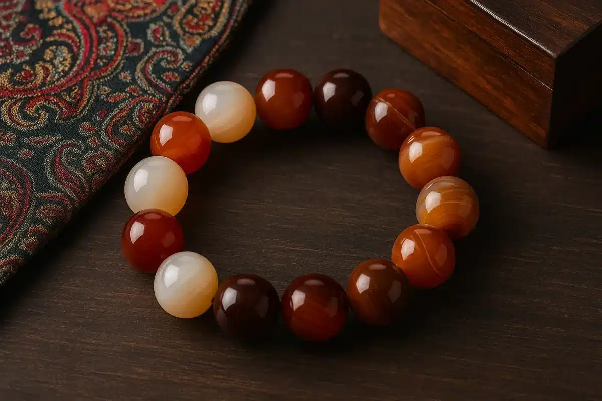 دستبند مهره‌ای سنگ عقیق در رنگ‌های قهوه‌ای و کرمی