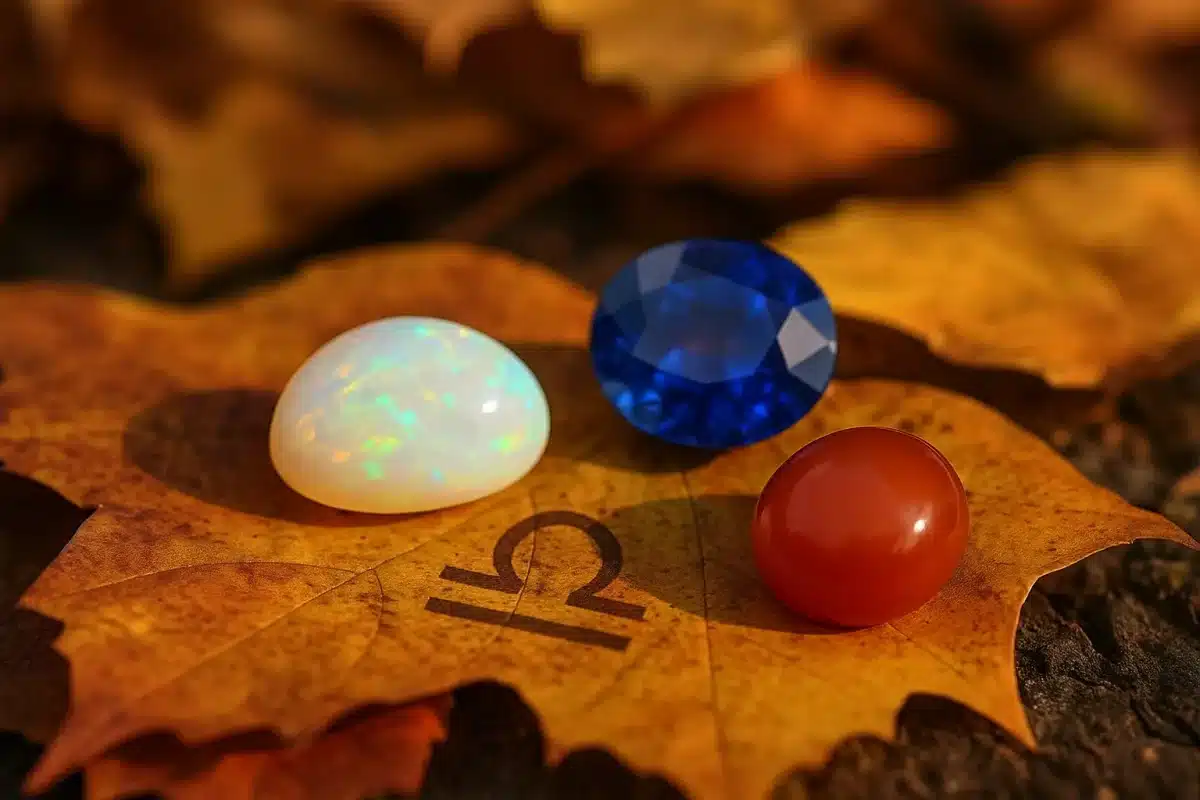 سنگ ماه تولد مهر شامل اوپال، یاقوت کبود و عقیق روی برگ‌های پاییزی