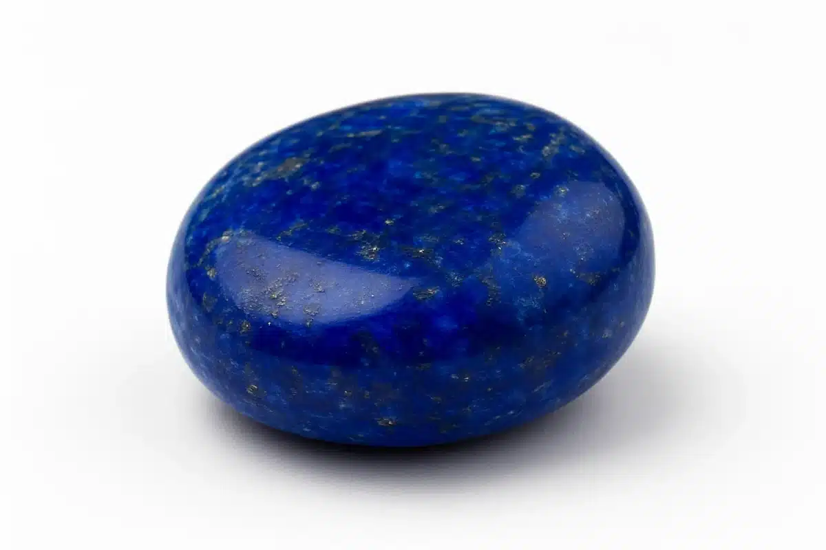 نمای نزدیک از سنگ لاجورد آبی با رگه‌های طلایی طبیعی پیریت.