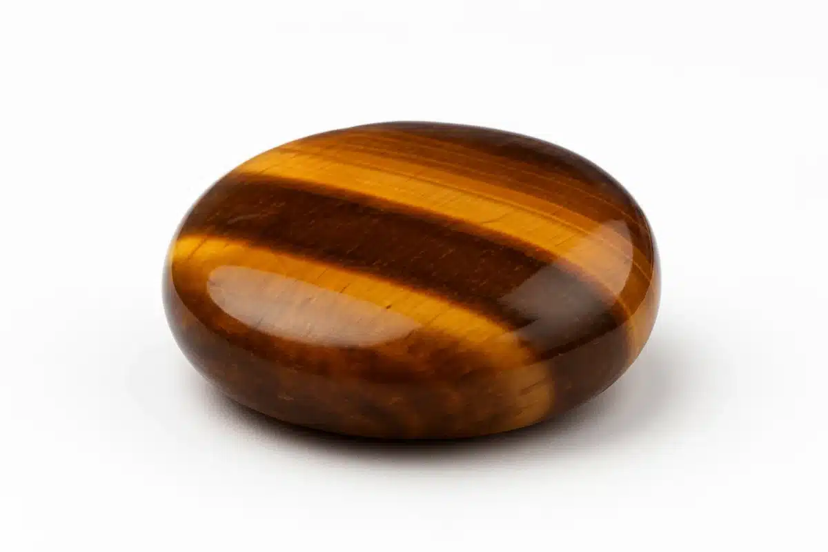 نمای نزدیک از سنگ چشم ببر براق با رگه‌های طلایی و قهوه‌ای طبیعی.