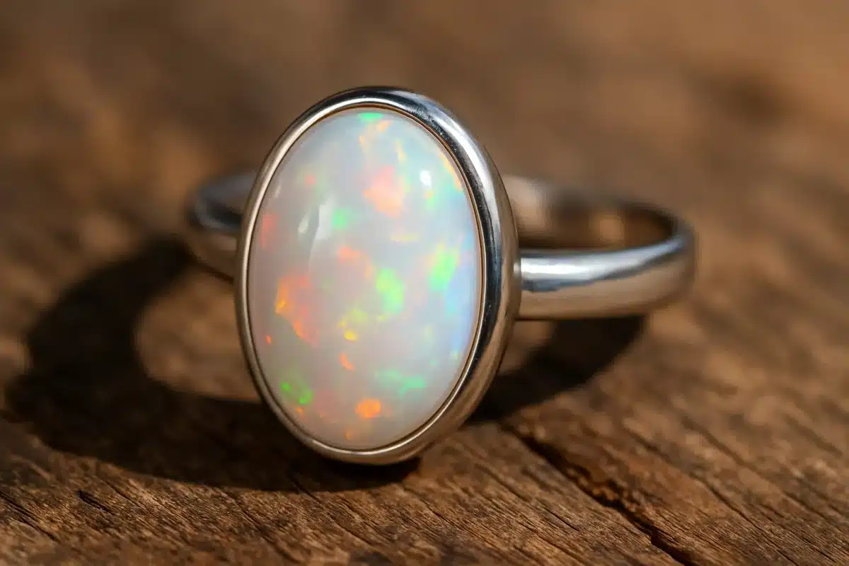 نمای نزدیک از انگشتر با سنگ اوپال، سنگ ماه تولد مهر