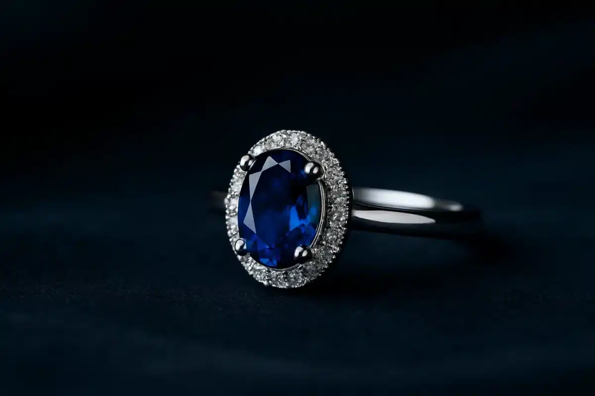 حلقه نقره‌ای با نگین یاقوت کبود در زمینه تیره و لوکس سنگ ماه تولد مهر