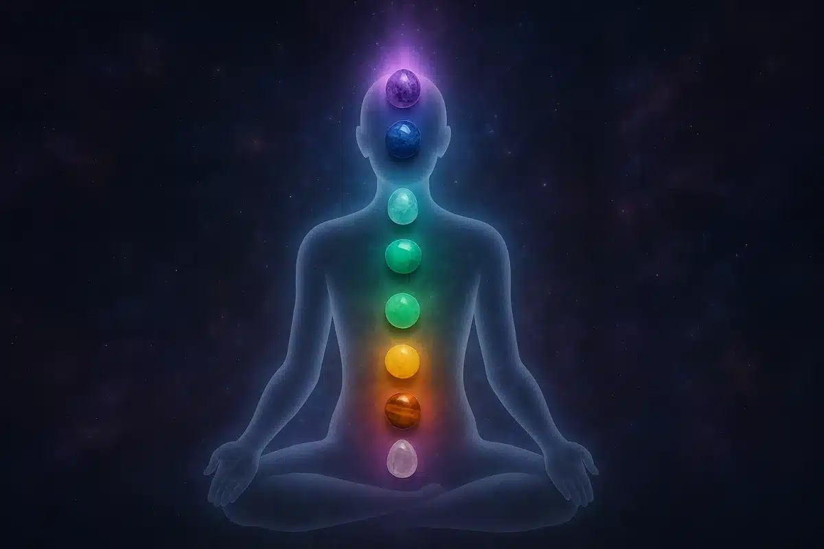 تصویر انتزاعی بدن انسان در مدیتیشن با سنگ درمانی.