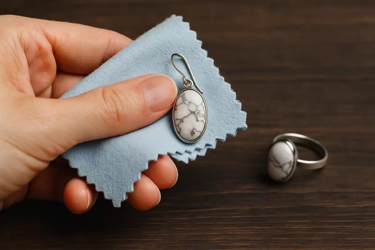 تصویر دست در حال تمیز کردن دستبند سنگ هولیت با دستمال نرم