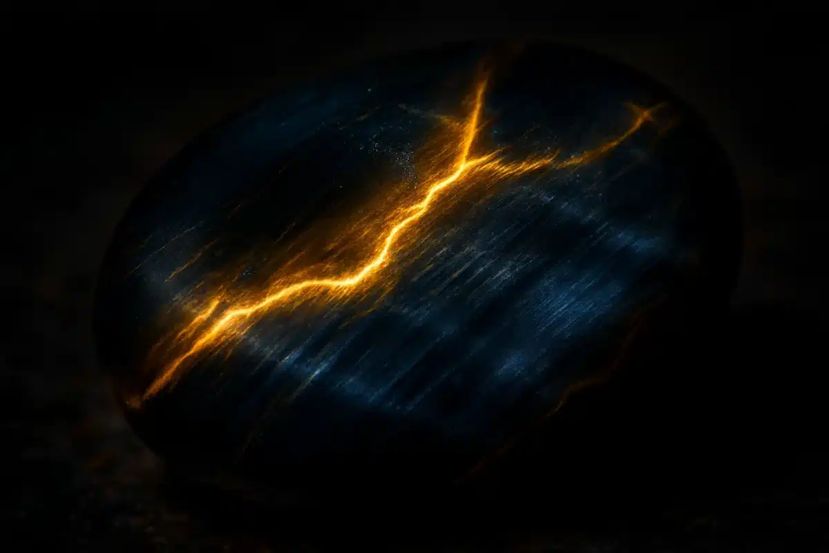 تصویر کلوزآپ سنگ چشم شاهین با درخشندگی شاتویانسی روی پس‌زمینه تیره.