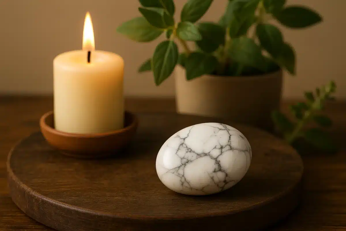 سنگ هائولیت سفید در کنار شمع روشن و گیاه سبز