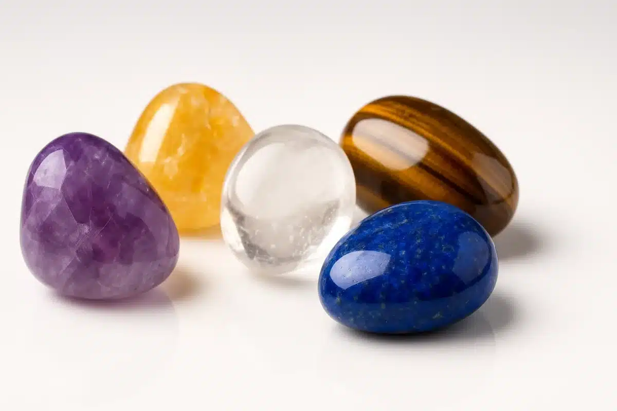 تصویر سنگ درمانی شامل آمتیست، لاجورد، سیترین، کوارتز و چشم ببر.