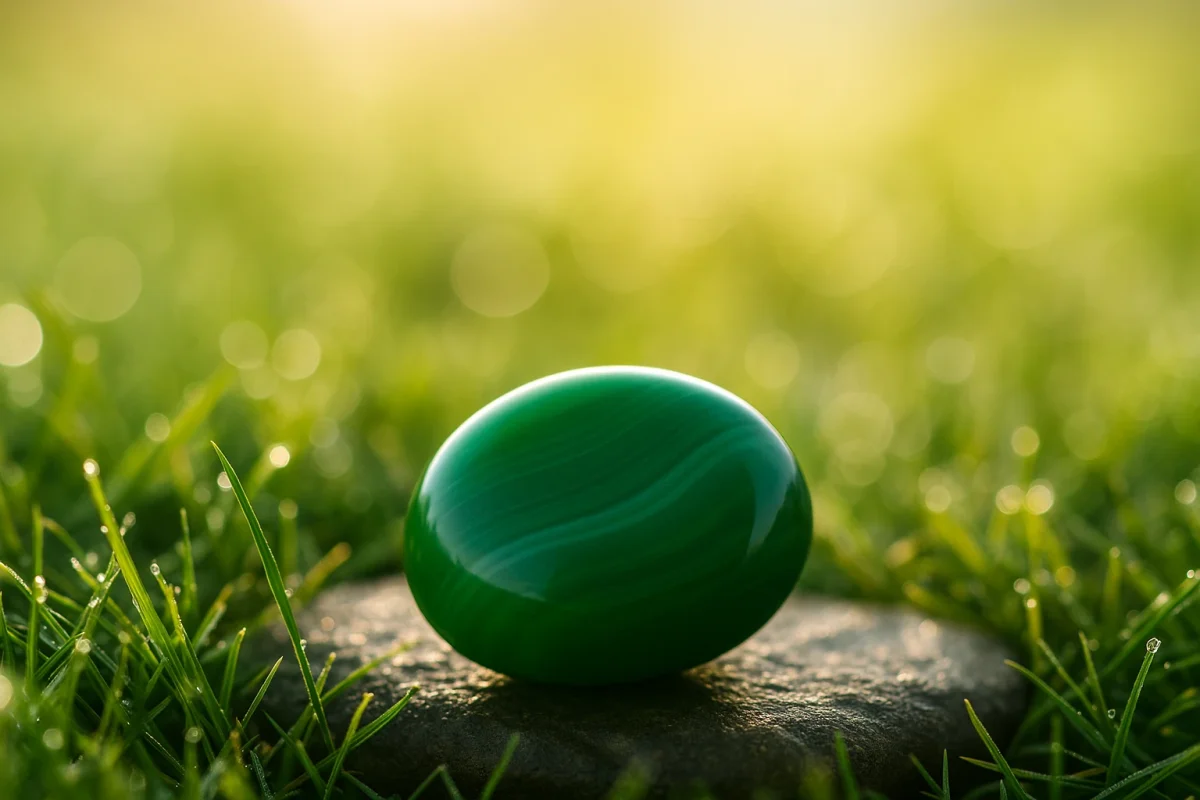 سنگ عقیق سبز در طبیعت روی چمن با نور خورشید ملایم