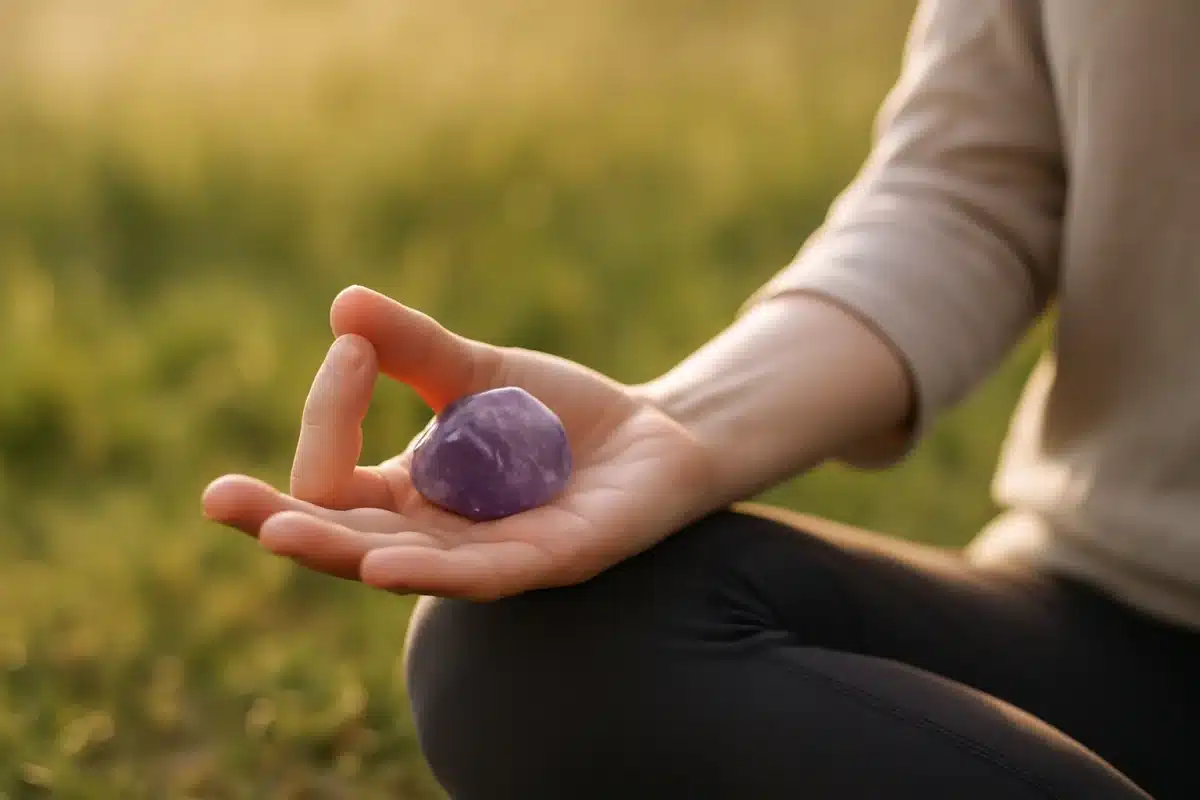 دست فردی در حال مدیتیشن با سنگ آمتیست برای سنگ درمانی.