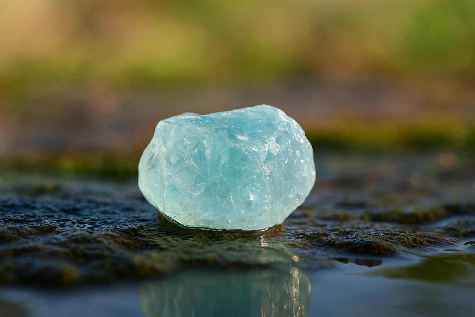 سنگ آکوامارین خام روی سطح طبیعی خیس با نور صبحگاهی درخشان