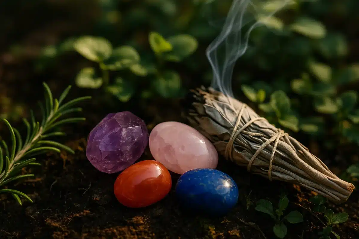 تصویر سنگ‌های قیمتی در کنار مریم‌گلی و دود گیاه