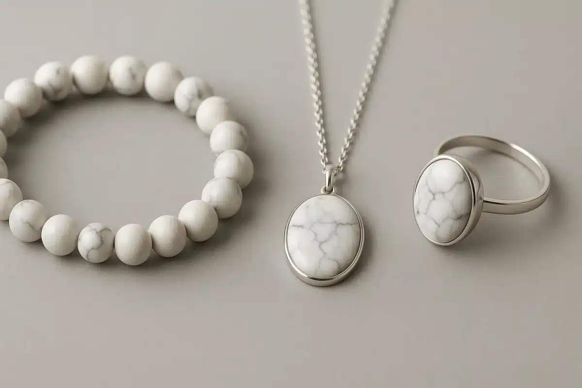 تصویر دستبند مهره‌ای ساخته‌شده از سنگ هولیت سفید با رگه‌های خاکستری