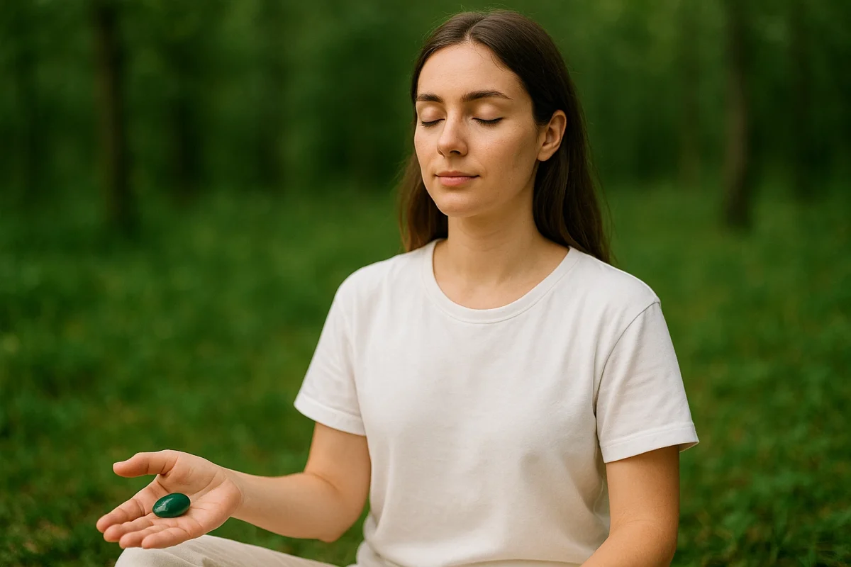 زن جوان در حال مدیتیشن با سنگ عقیق سبز