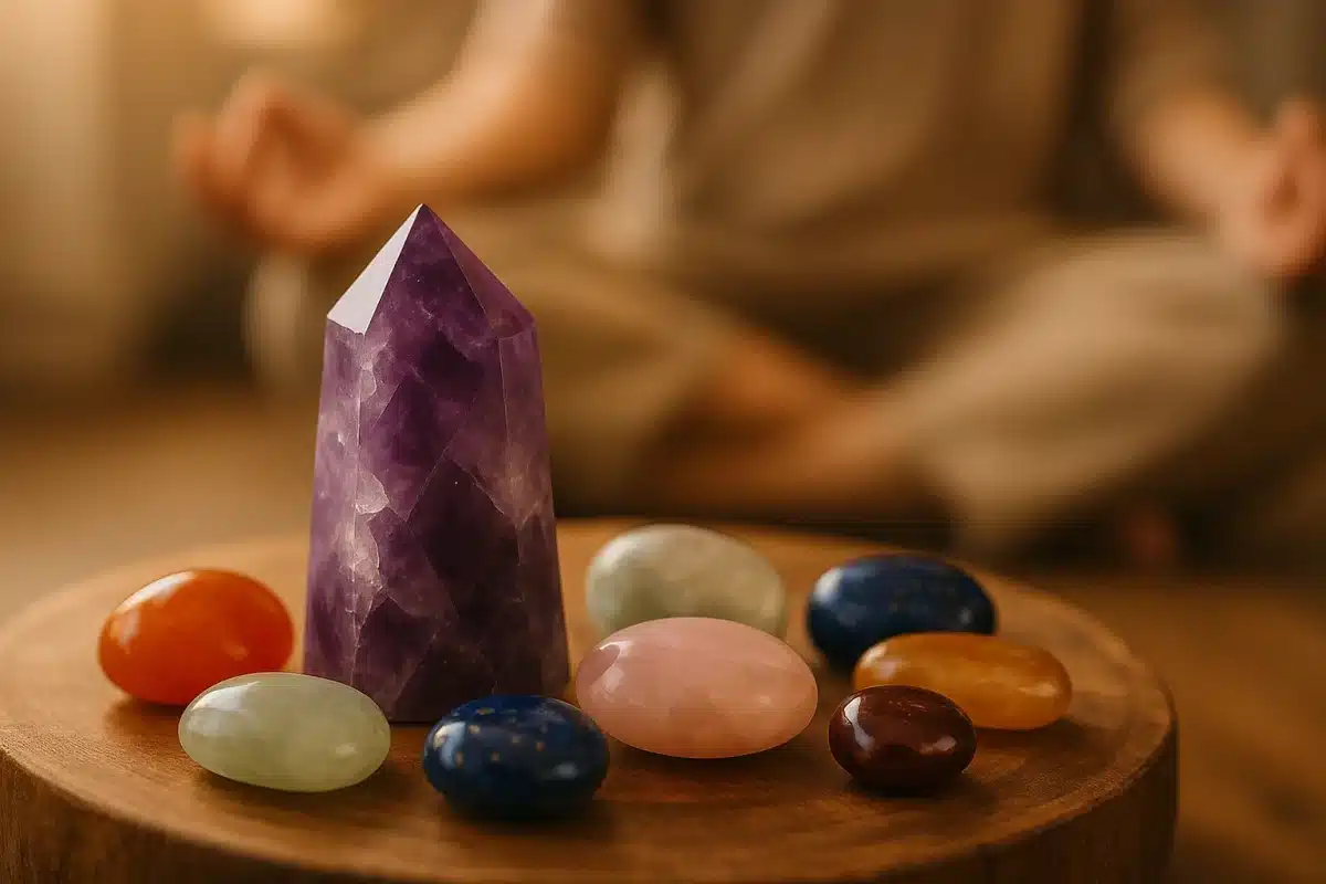تصویر سنگ آمیتیست بنفش در کنار سنگ‌های رنگی برای مدیتیشن و آرامش ذهن.
