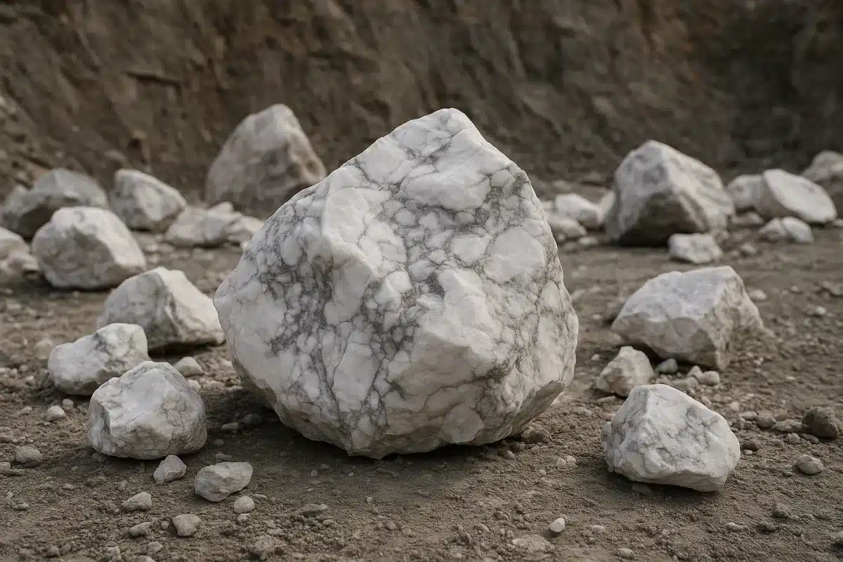 تصویر سنگ‌های خام هولیت سفید و خاکستری در معدن روباز