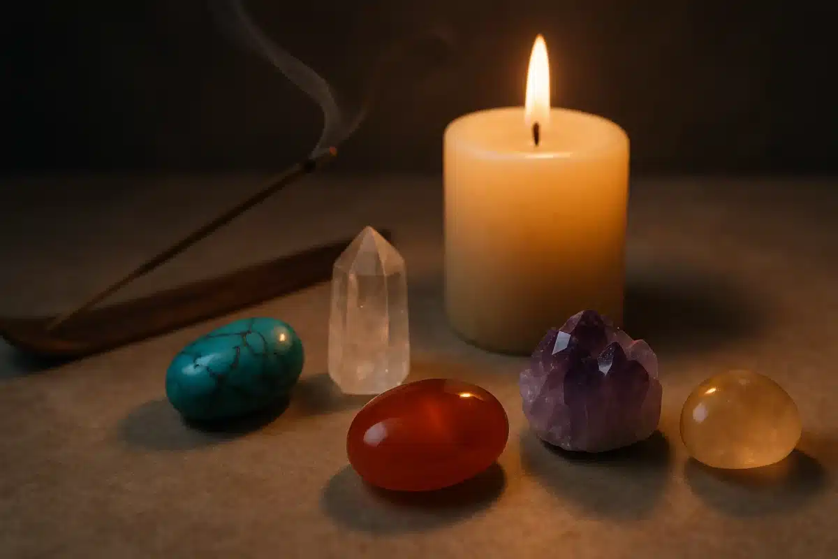 تصویر خواص متافیزیکی سنگ‌ها در کنار شمع روشن و دود بخور.