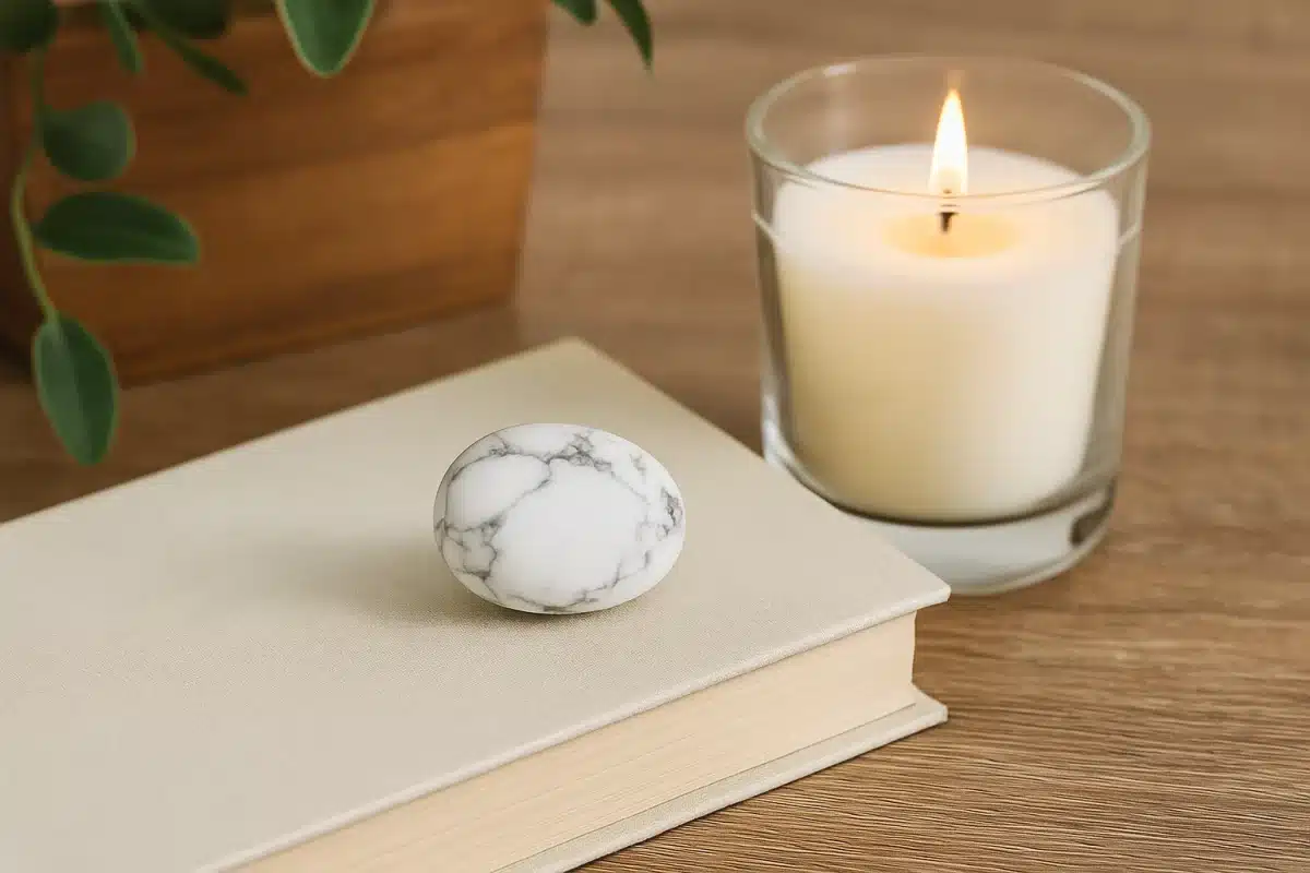سنگ هائولیت سفید روی کتاب و کنار شمع روشن