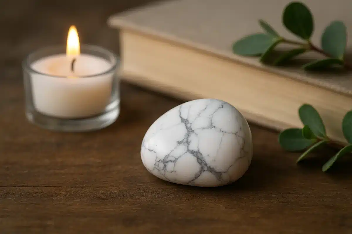 تصویر سنگ هولیت سفید کنار بالش برای درمان بی‌خوابی و آرامش خواب