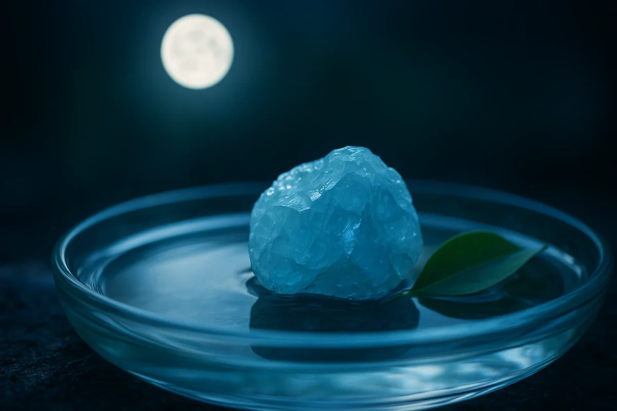 سنگ آکوامارین خام در ظرف آب شفاف زیر نور ماه کامل