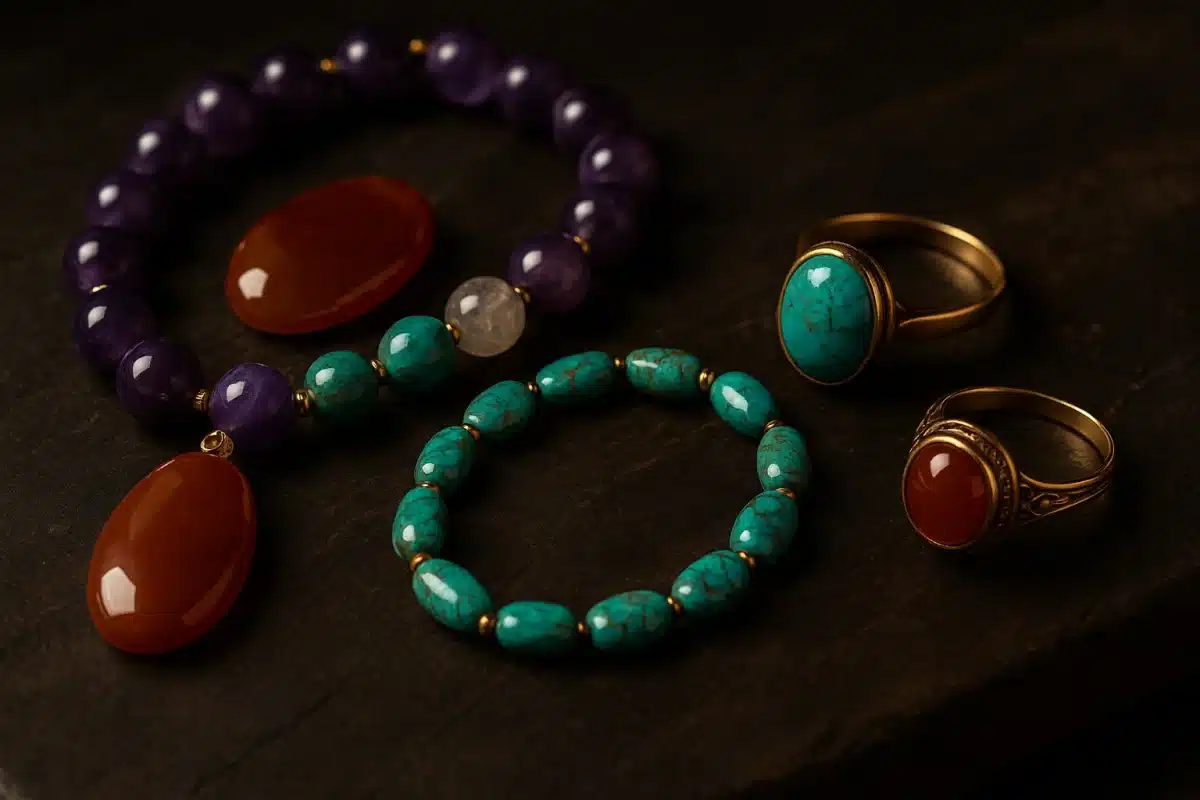 تصویر زیورآلات سنگی با تاکید بر خواص متافیزیکی سنگ‌ها.