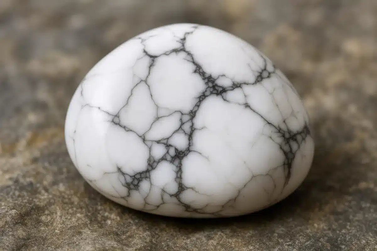 نمای نزدیک سنگ هائولیت سفید با رگه‌های طبیعی خاکستری