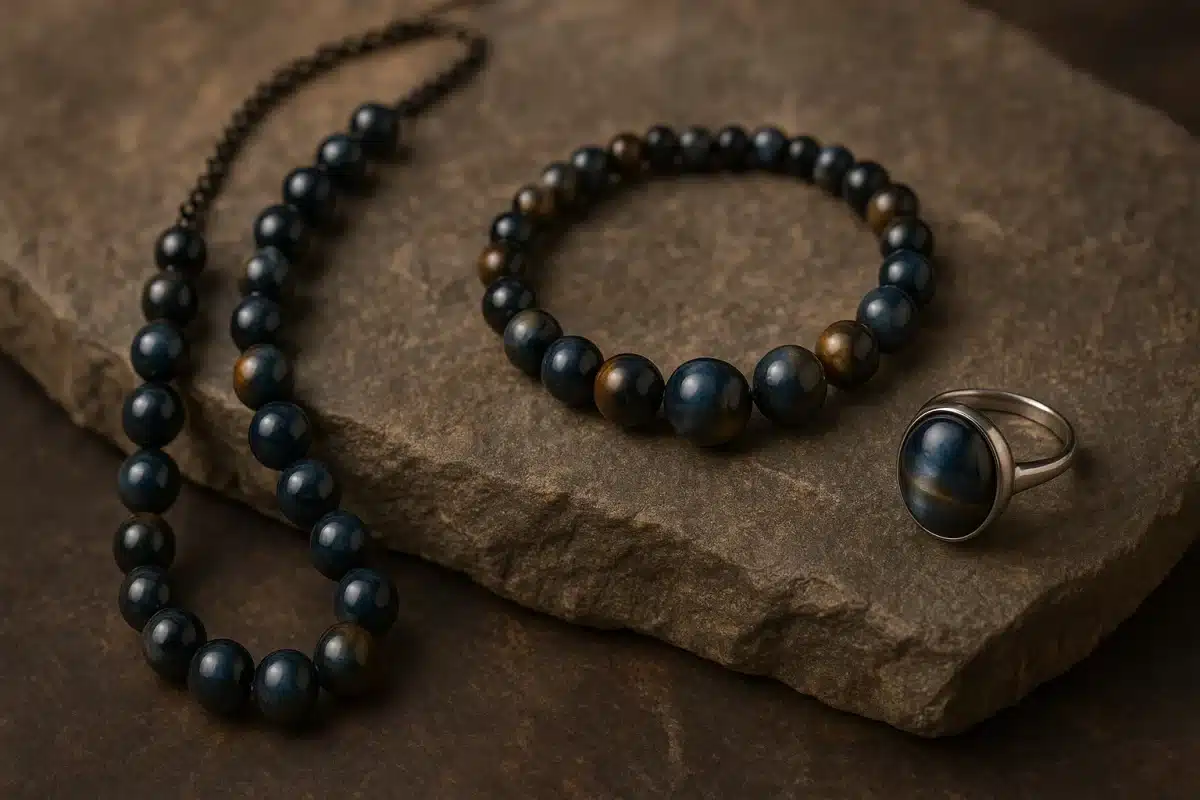 دستبند چشم شاهین اصل با مهره‌های براق آبی و طلایی روی پس‌زمینه سفید.