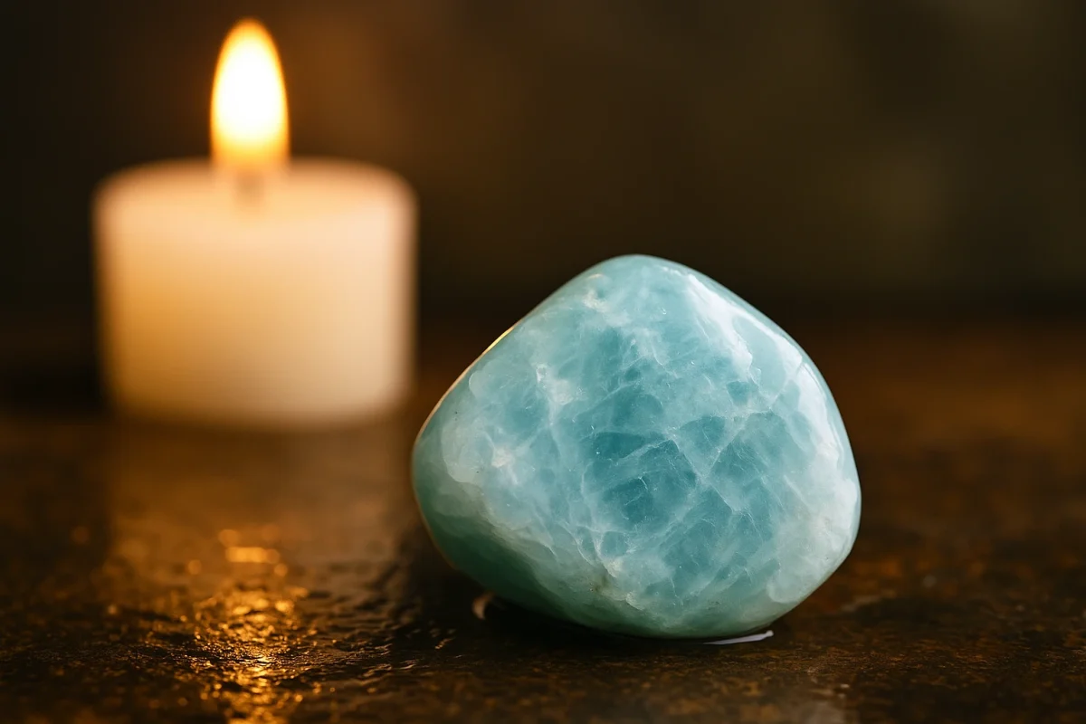 سنگ آکوامارین خام در کنار شمع روشن به عنوان نماد آرامش و انرژی مثبت