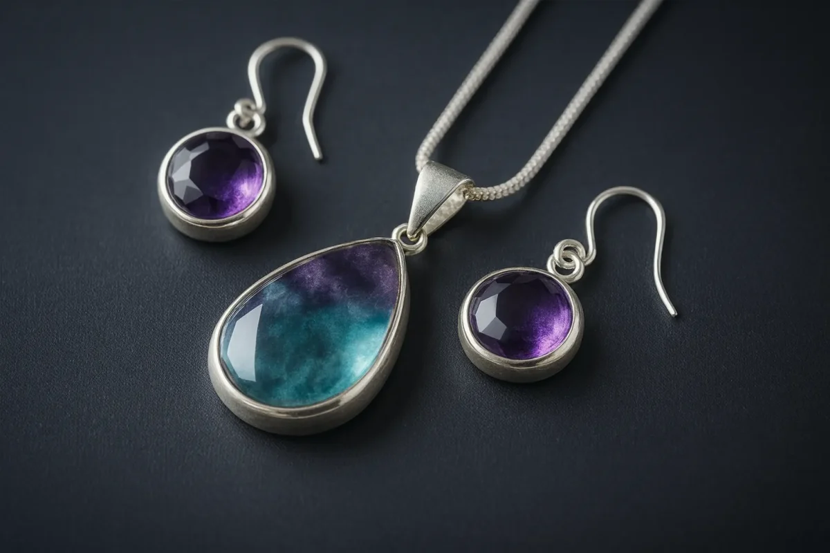 ست گردنبند و گوشواره با سنگ فلوریت و آمتیست