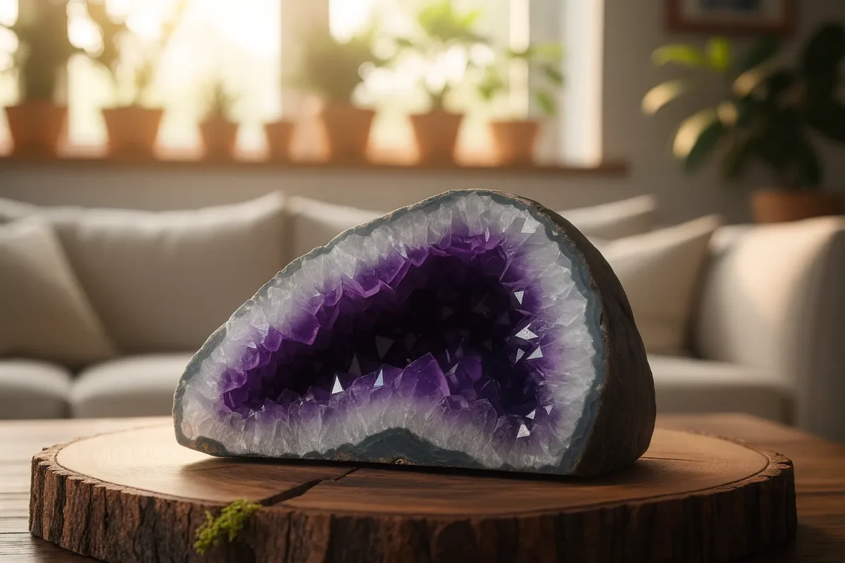 سنگ آمیتیست بنفش درخشان به عنوان سنگ انرژی بخش دکور خانه