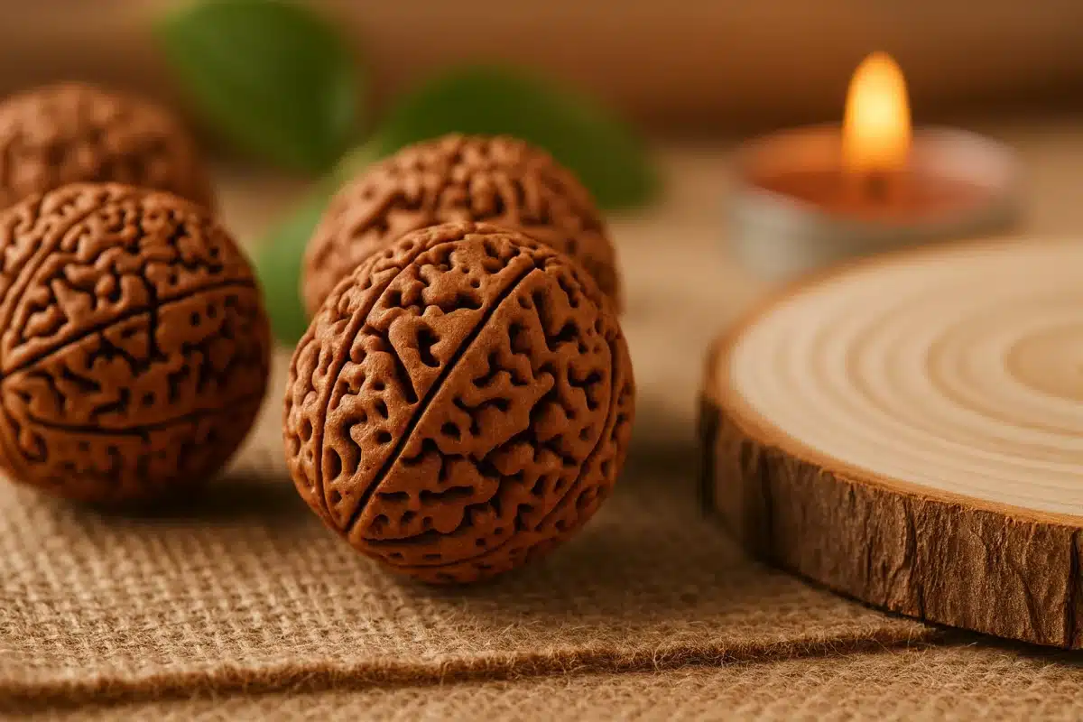 کلوزآپ مهره رودراکشا روی پارچه کنفی و برش چوب