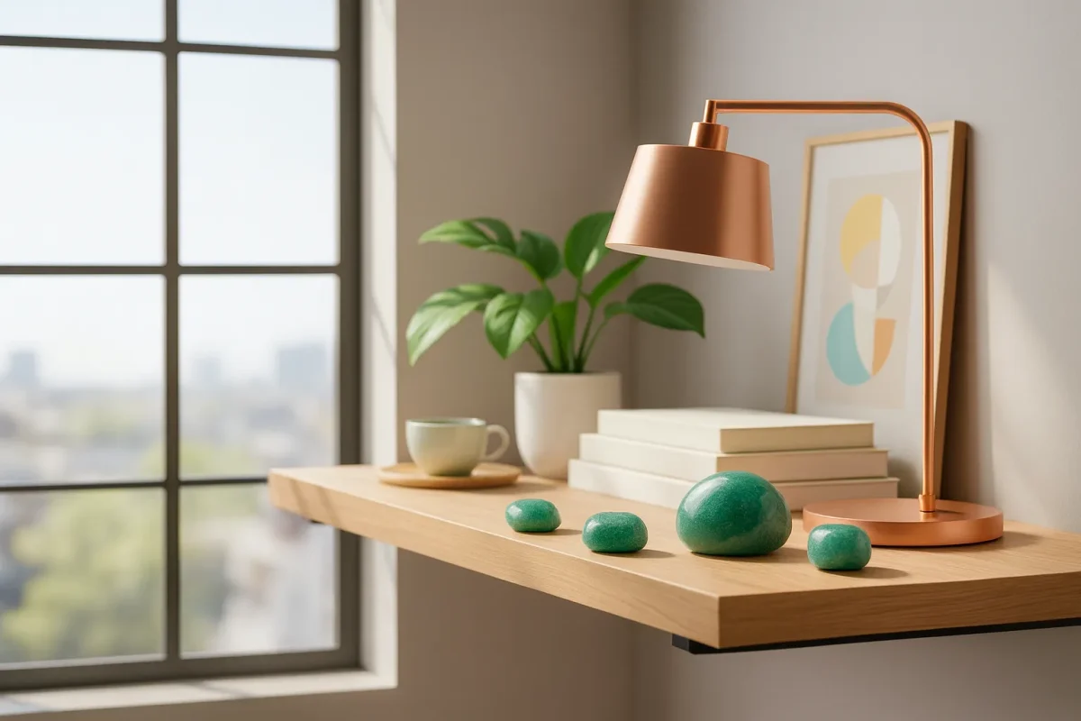 سنگ آونتورین سبز روی میز چوبی در کنار چراغ مدرن