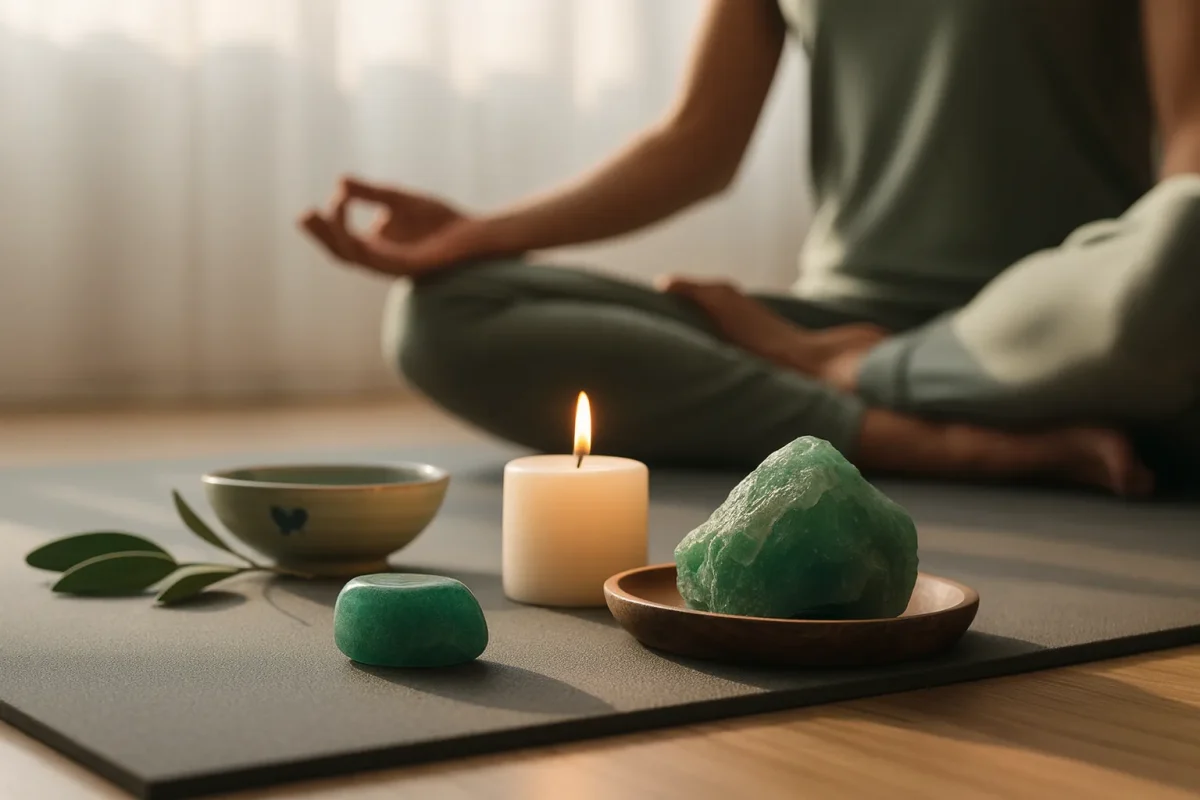 سنگ آونتورین در کنار شمع روشن و مدیتیشن در اتاق آرام