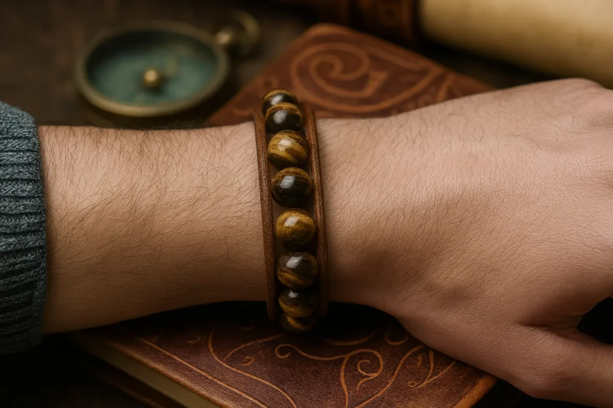 دستبند مردانه از سنگ برونزیت طبیعی روی مچ دست