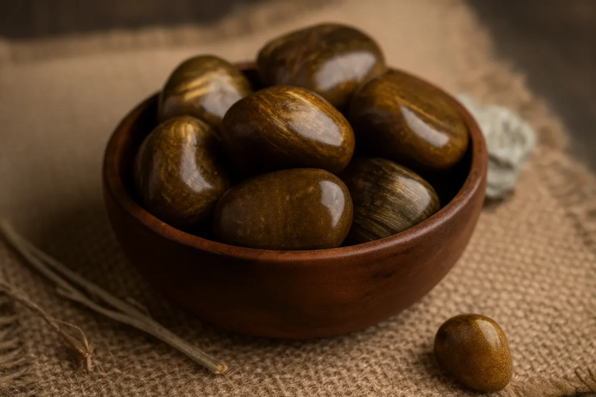 کاسه چوبی حاوی سنگ برونزیت براق قهوه‌ای طلایی