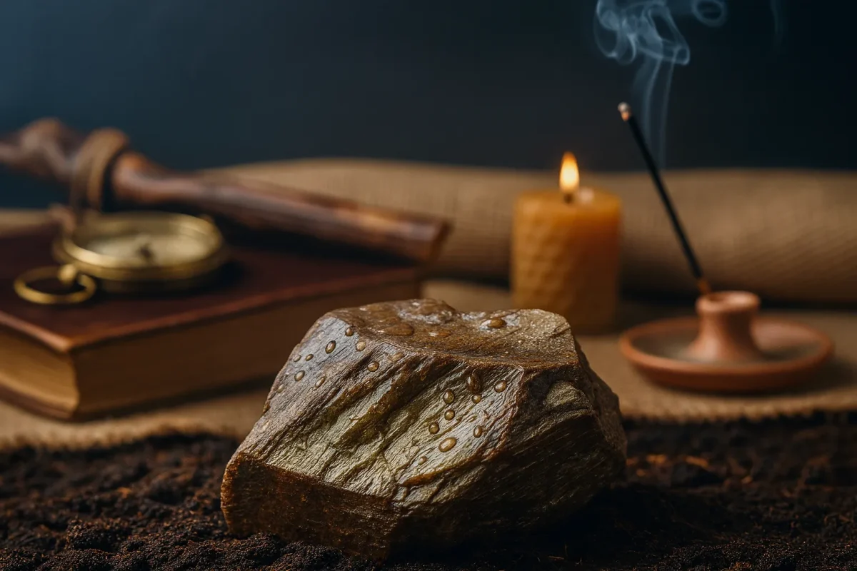 سنگ برونزیت طبیعی با قطرات آب روی خاک در کنار شمع روشن